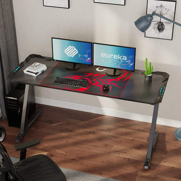 YBOM Z60 Gaming Desk 60 Inch Computer Desk Z Shaped Large PC Tables With RGB LED Lights Mouse